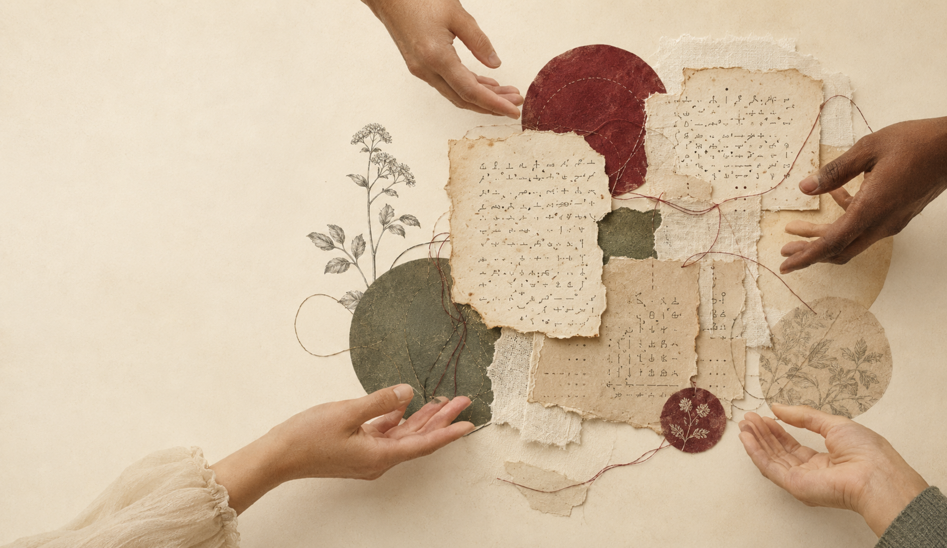 Diary fragments and open hands connected by fine threads